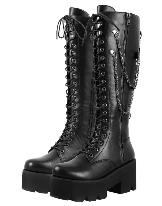 OnlyMaker Plateau Schürstiefel mit Blockabsatz verzierte Kette Gothische Langschaft Stiefel