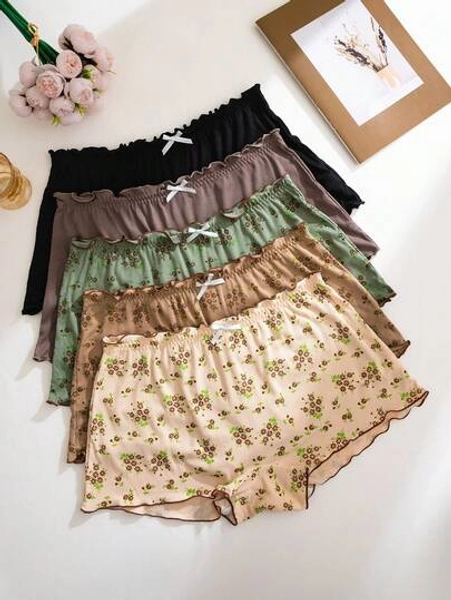 PetitDoll 5-Pack Comfortable Ribbed Cotton Floral Print Ruffle Trim