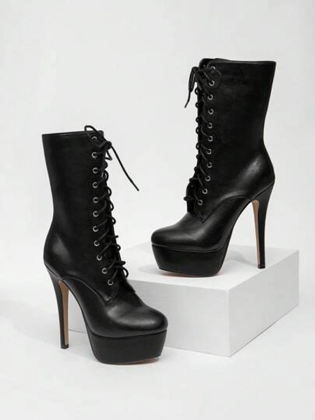 Cuccoo CUCCOO LuxiPop Women's Lace-Up Platform Thick Sole Mid-Calf Boots, Waterproof, Sexy & Fashionable, Suitable For Nightclub, Halloween, Christmas, Party Outfits