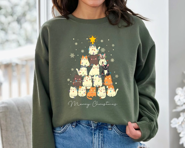 Christmas Cat Tree Sweatshirt, Christmas Cats Sweatshirt, Meow Christmas Sweatshirt, Cat Lover Gift, Holiday Crewneck, Cute Christmas