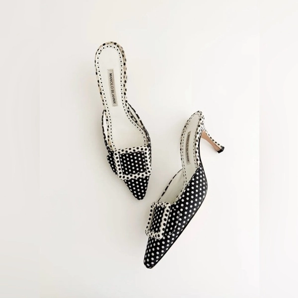 Manolo Blahnik Midnight Polka Dot Buckle Mule Heels size 8.5