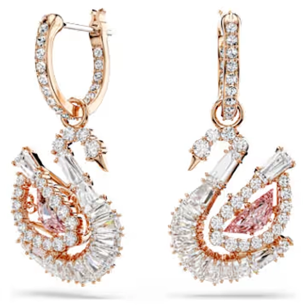 Swan drop earrings, PavĂŠ, Swan, Pink, 18K rose gold finish