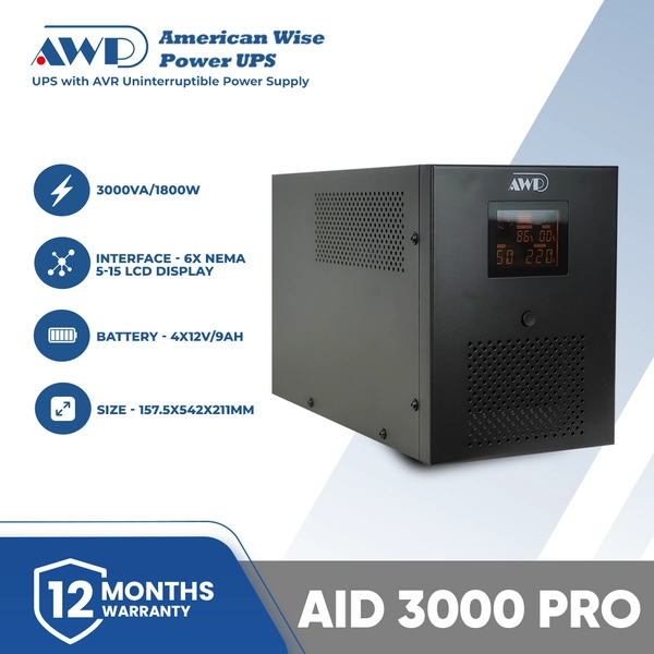 AWP AID3000 Pro Aide Pro LCD 1800W-3000VA UPS with AVR Uninterruptible Power Supply (6-Sockets)-Power Backup for Entry Level Computer