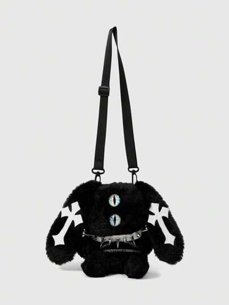 Goth 1 pieza Bolso bandolera de conejo de peluche de estilo punk oscuro con decoración personalizada de cruz y remache, bolso de muñeca con ojos blancos y lindos