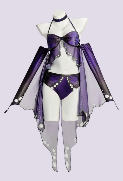 Retro Butterfly Two-piece Swimsuit Gothic Black and Purple Gradient Bathing Suit with Cover-up and Choker