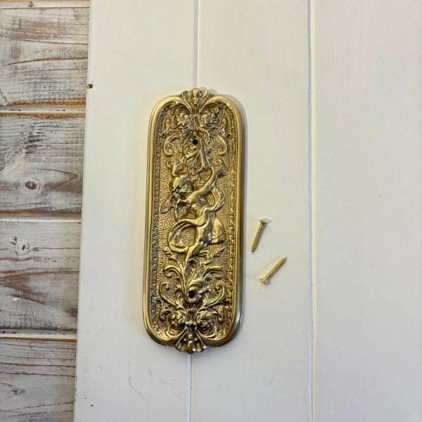 Antique Rustic Polished Brass Door Push Plate with Ornate Cherub Design - Vintage Finger Plate Decor