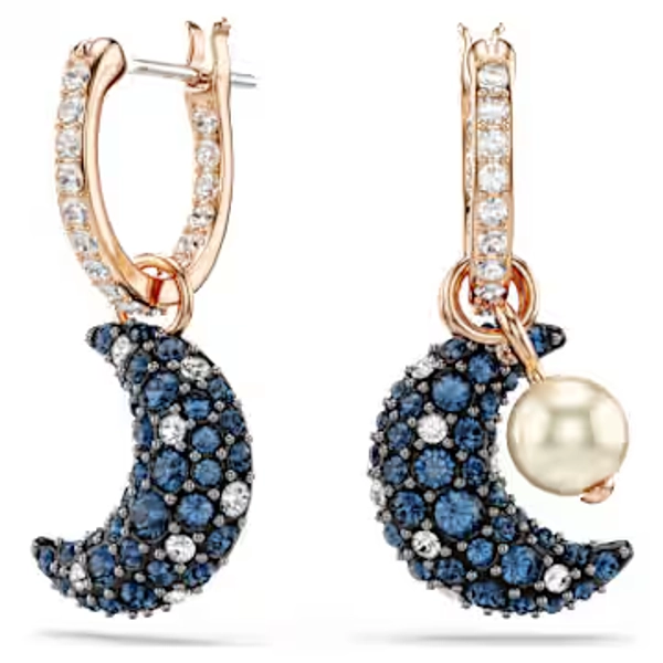 Sublima drop earrings, Crystal pearl, Asymmetrical design, Moon, Multicolored, 18K rose gold finish