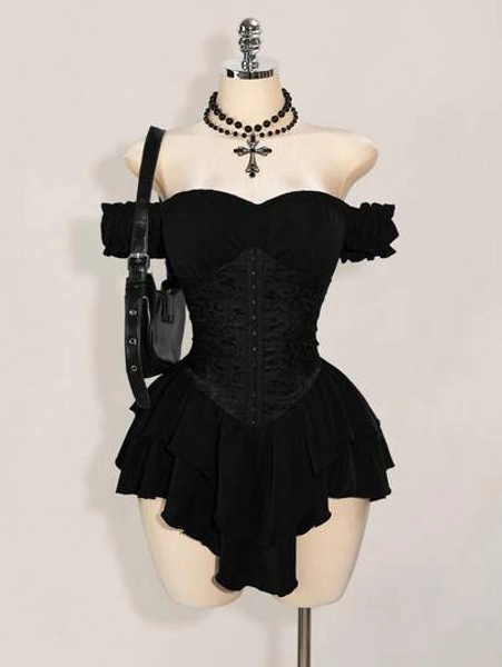 SHEIN ICON Vestido curto feminino branco com babados, jacquard, cintura franzida, amarração, babados, ombros de fora, camadas, bainha com babados, corte A, chiffon, elegante para festas e ocasiões casuais