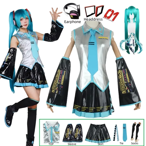 Miku Cosplay Full Set Silver Leather Fabric Suit Miku Cosplay Headwear Costume Outfit JK Sailor Dress High School Uniform Hallow