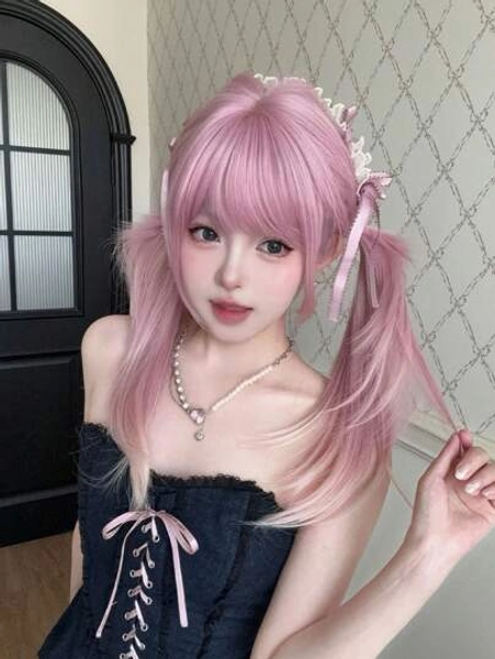 alicegarden 1 Synthetic Heat-Resistant Wig, With A Bangs Pink Gradient Wig, 26 Feet Long, Made Of Fiber, Suitable For Daily Use, Natural Simulation Wig
