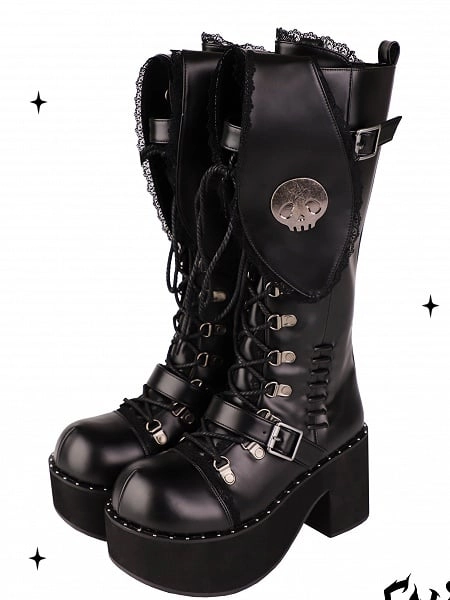 [$82.00]Bad Bunny Lace Trim Bunny Ears Design Black PU Gothic Platforms Boots