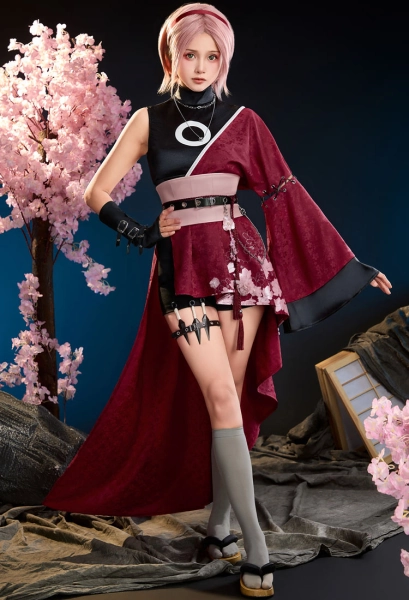 Ninja Sakura Derivative Outfit Asymmetrical Coat and Sleeveless Top with Shorts and Waist Cincher - L