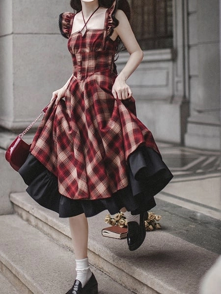 [$71.00]Basque Waist Red Plaid Pattern Lolita Dress