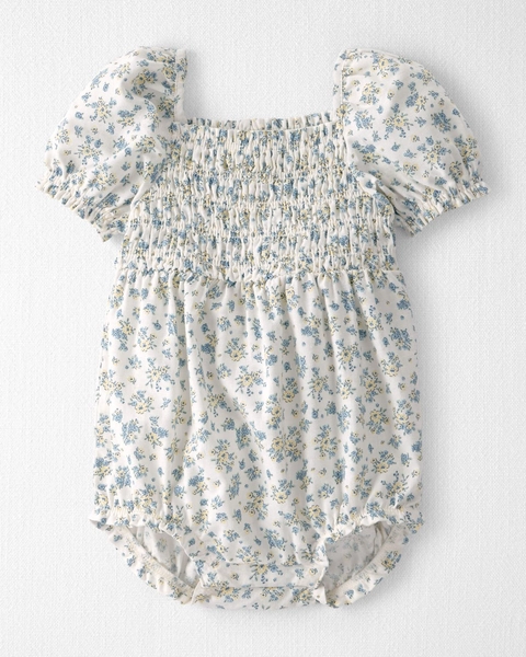 Baby Girl Smocked Romper Made with Organic Cotton in Spring Bloom