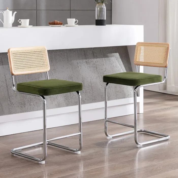 Bayou Breeze Crumley Upholstered 25.6" Velvet Counter Stool with Rattan Cane Back and Metal Frame