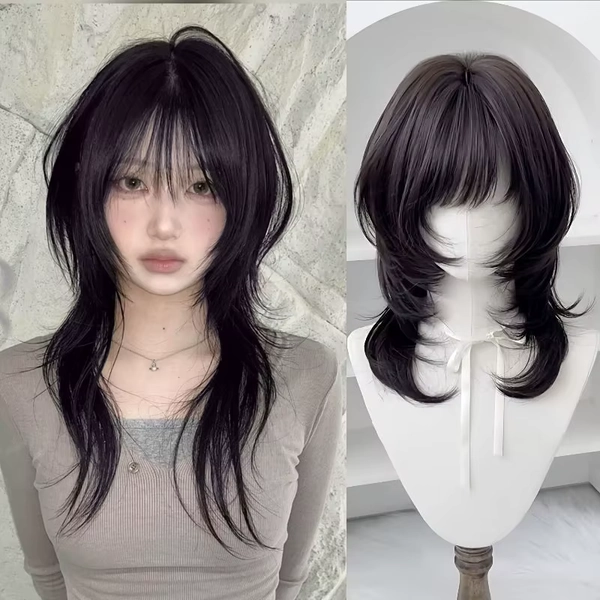 Synthetische vrouwen pruik haarstukje 18 inch hoog gelaagde Mullet kapsel Wolf Cut zwarte pruik met haar pony voor vrouwen dagelijks feestgebruik - AliExpress 
