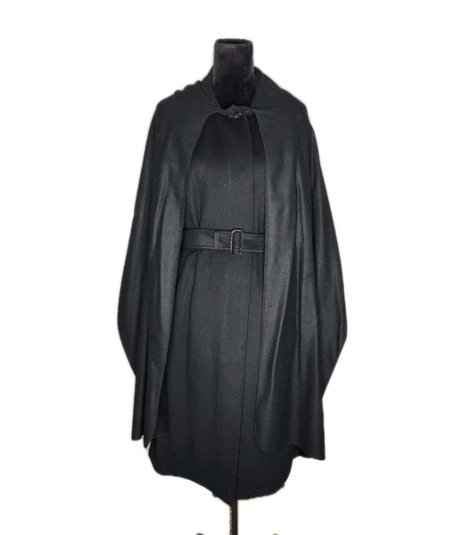 Burberrys Vintage Belted Cape Cloak Coat Alpaca Wool Black Made in England