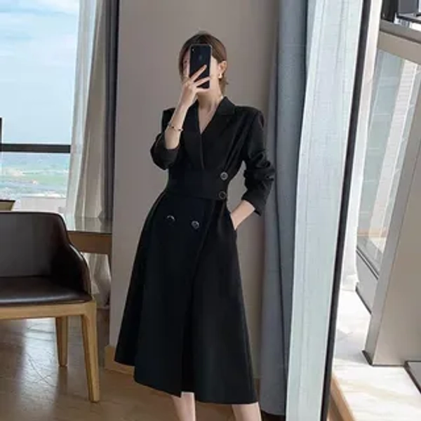 Long-Sleeve Plain Double-Breasted Midi Blazer Dress