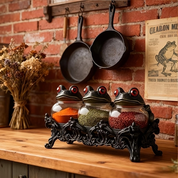 4pcs Handmade Witch Frog Apothecary Jars with Gothic Base - Vintage Frog Lids, Spin-Off Lid Closures, 3 Jars + Base for Spices/Herbs/Potion Bottles, Gothic Kitchen & Magical Home Decor ()
