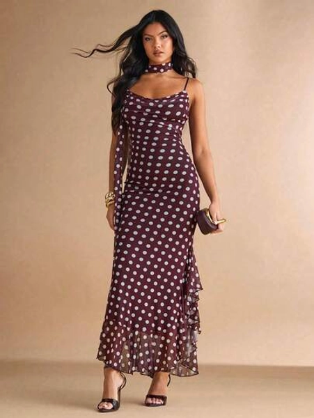 Silquee Elegant Polka Dot Spaghetti Strap Tie Fitted Mermaid Ruffle Hem Dress Women's Mesh Stretch Flowing Neckline, Suitable For Romantic Date, Party, Holiday, Suitable For Date, Party Wedding, Valentine's Day, Halloween, Thanksgiving, Christmas Costume