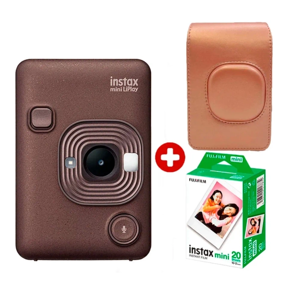 Combo: Cámara Fujifilm Instax Mini LiPlay Bronze híbrida + pack de 20 películas instantáneas + estuche