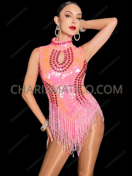 Pearl Pink Beaded Fringe Keyhole Neckline Dance Leotard