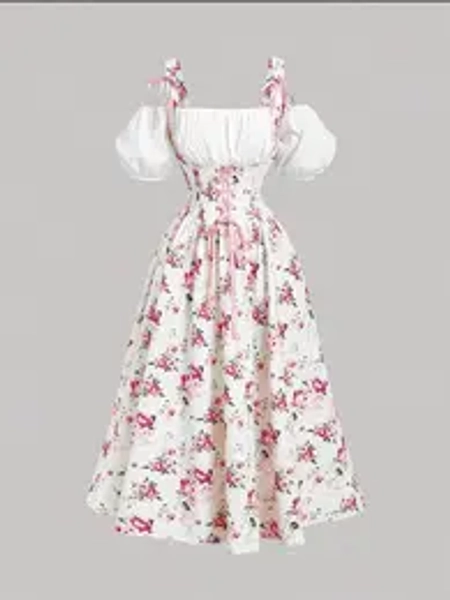 French Romantic Feminine Floral Elegance Rose Print Square Neck Dress, Sweet Bubble Sleeve Waist Cinch Long Dress, Perfect for Vacation, Party, Tea Time, Garden Party