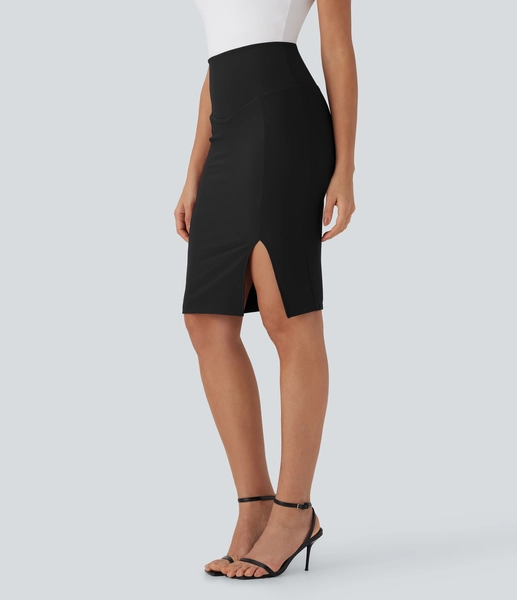 XS(Regular) Black Patitoff™ Flow Pet Hair Resistant High Waisted Tummy Control 2-in-1 Bodycon Midi Casual Skirt