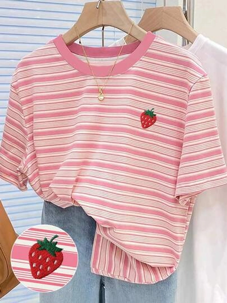 SHEIN Colorful Striped Digital Print & Strawberry Embroidery Plus Size Women T-Shirt, Gift For Friends