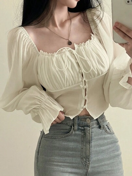 DAZY Camisa com Babado Plissado de Sino