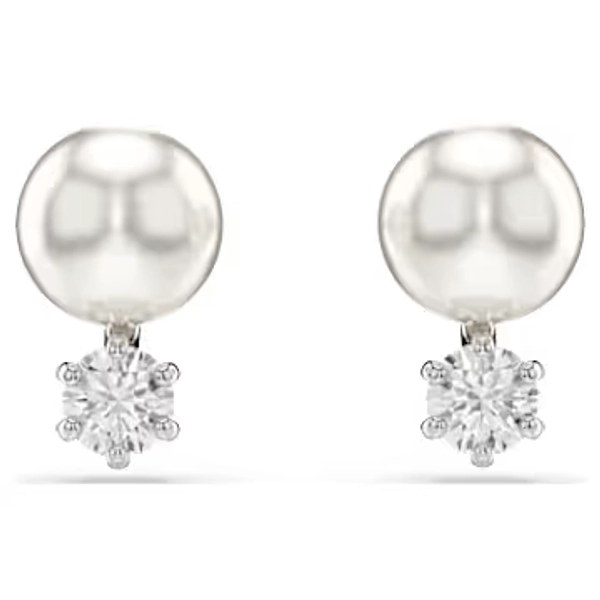 Matrix stud earrings, Crystal pearl, Round cut, White, Rhodium plated