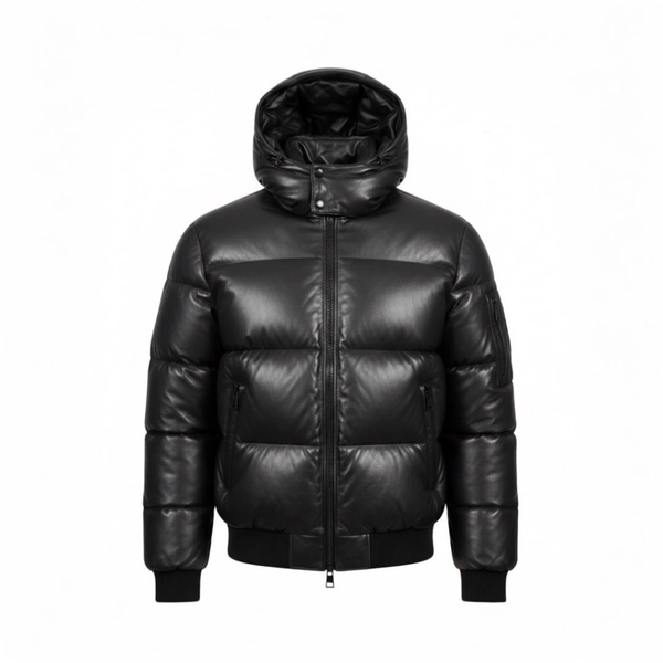 Men Black Leather Puffer Jacket with Hood – Genuine Leather Winter Bomber M sizes