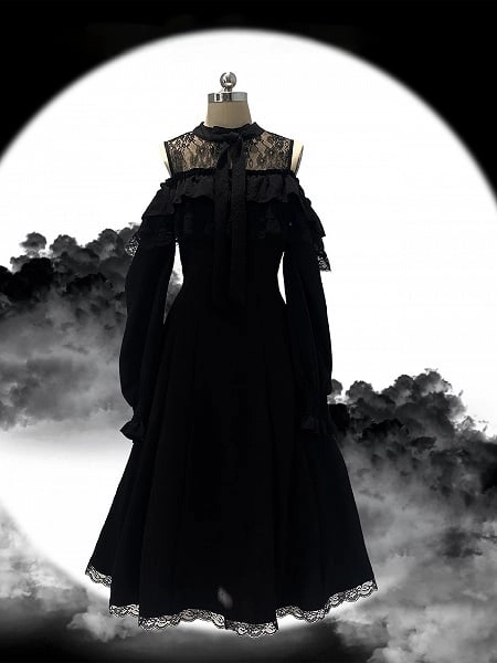 [$32.00]Jirai Kei Black Lace Cutout Shoulder Ruffled Long-Sleeve Dress with Bow and Rose Jacquard