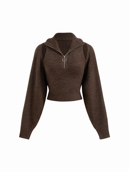 Two Pieces Knit Collar Half Zip Tank Top & Crop Shrug