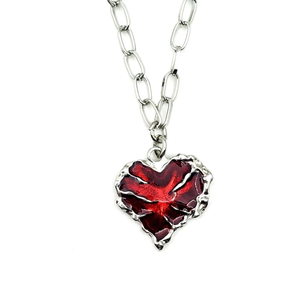 Skeleton Heart Necklace: Silver Plated Red Enamel, Gothic Punk Y2K