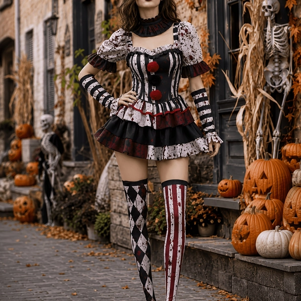 Adult Women Scary Clown Costume, Halloween Gothic Jester Dress Up Outfit with Ruffle Neck Collar, Striped Arm Warmers and Mismatched Stockings for Cosplay Party