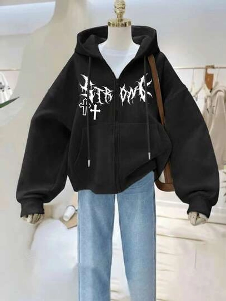 Women Zip-Up Sweatshirt Jacket, American Style Cross English Text Graphic Print, Warm Lining, Autumn/Winter