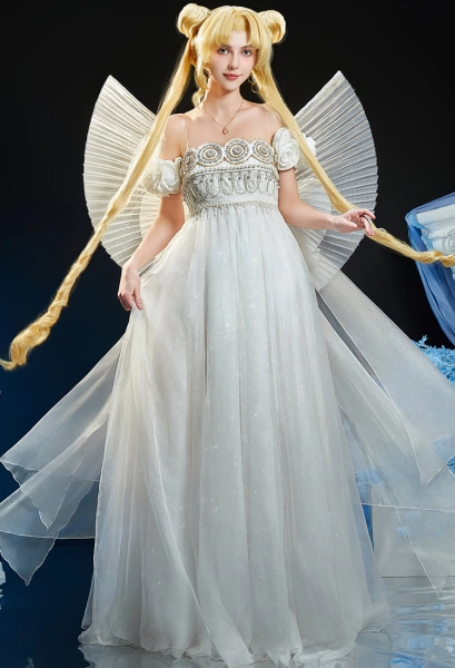 Premium Ver Sailor Moon Usagi Cosplay Costume White Dress with Big Bow and Necklace