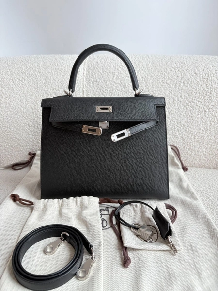 New Hermes Kelly Sellier 25 Noir Black Epsom Leather Palladium Hardware W Stamp