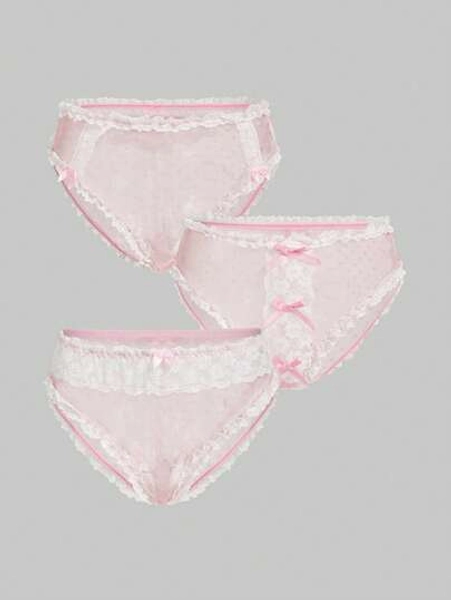 ROMWE Kawaii 3pcs Sweet Lace Trim Bow Decor Mesh Panties - Size L