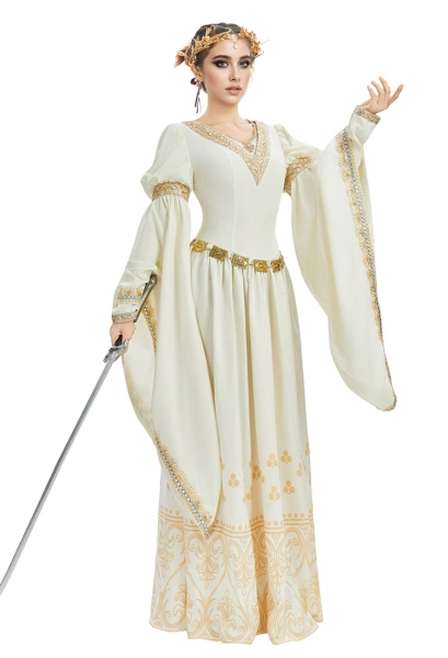 Medieval Princess Renaissance Queen Costume Oil Painting Dress with Waist Chain and Brooch