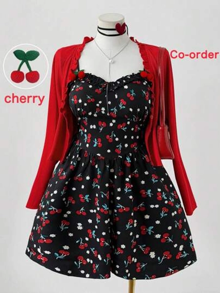 Sunspun Plus Size Sweetro-D 2-Piece Cute Clothes Set, Adorable Romantic School Style Vacation Fashion Cherry Print V-Neck Pleated A-Line Dress With Fashionable Ruffle Collar Long Sleeve Jacket, Suitable For Daily Outings, Back To School Season, Home Dates Vacation Fall Cloth For Women