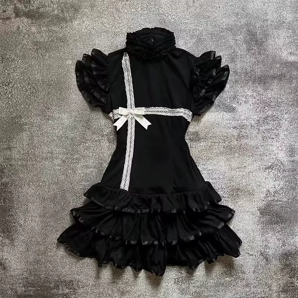 Japanese E-girl Gothic Vintage Dress Women Half High Neck Short Sleeve Bow Lace Mini Dress Cinch Waist Sweet Spicy Black Dress - AliExpress 200000345