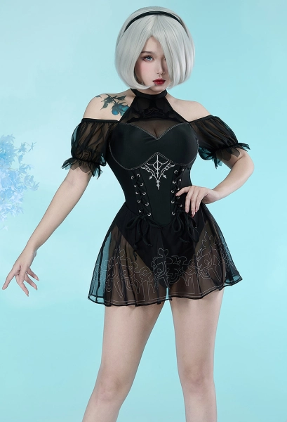 2B Derivative One-piece Swimsuit Halter Backless Tummy Control Bathing Suit