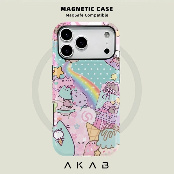 Phone Case: AKAB Magnetic Phone Case, Colorful Kawaii Cat Candy Rainbow Collage Aesthetic Design for iPhone 17 16 15 14 13 12 11 Pro Max Plus Air, 2-in-1 Dual-Layer Shockproof Anti-Scratch Protective Cover, Wireless Charging Compatible
