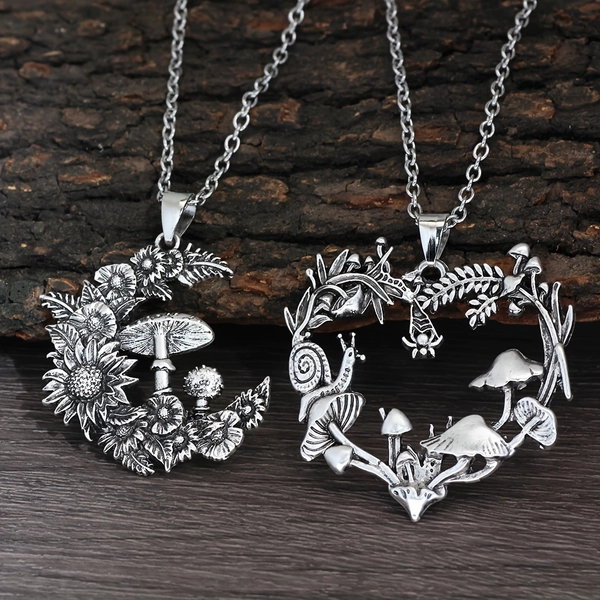TEMU 2pcs Fashion Antique Mushroom Pendant Necklace Vintage Silvery Chain Moon Necklace Party Jewelry Gift