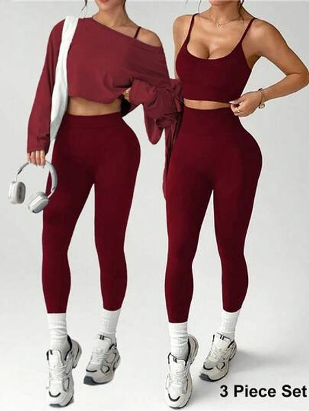 Dewbera 3pcs Set Solid Color Cropped Fitted Breathable Jacket - Seamless Bra & Leggings Red Workout Set Gym Matching Set Maroon Workout Set Matching Yoga Set