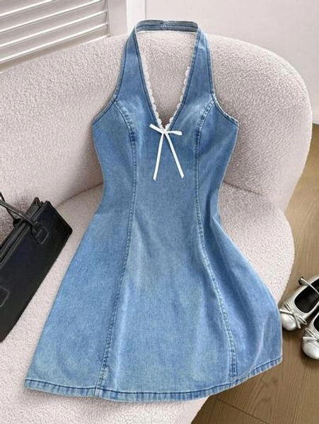 Comfortcana Women's Casual Halter Denim Mini Bodycon Dress, Blue,Summer Outfits For Women,Rave Outfit,Open Back Dress,Gyaru Outfits,Tie Front Dresses,Outfits,Y2k Clothes Women,Country Concert Outfit,Cruise Attire Women,Festival Outfits For Women,Concert Outfit Women,Rave Outfits Festival,Cowgirl Outfits For Women
