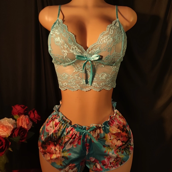 Contrast Lace Floral Print Women's Lingerie Set, Sleepwear Robe Two-Piece