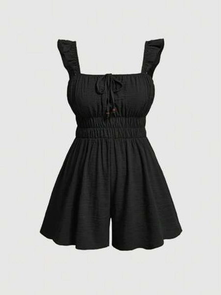 SHEIN MOD Plus Size Avocado Green Cute Ruffle Detail Center Front Strap Wooden Bead Decoration Romper In Gray Green